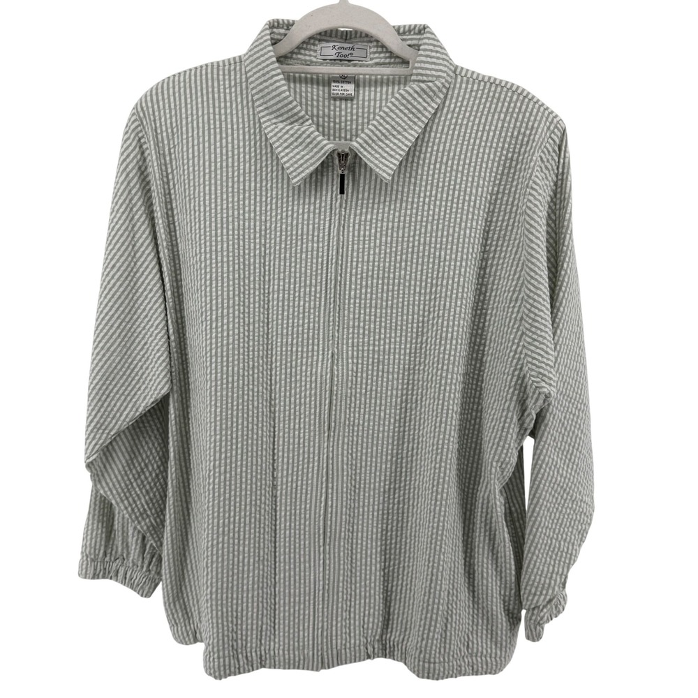 Vtg Women's XL Jacket Sage Green White Seersucker Striped Cotton Full Zip NWT